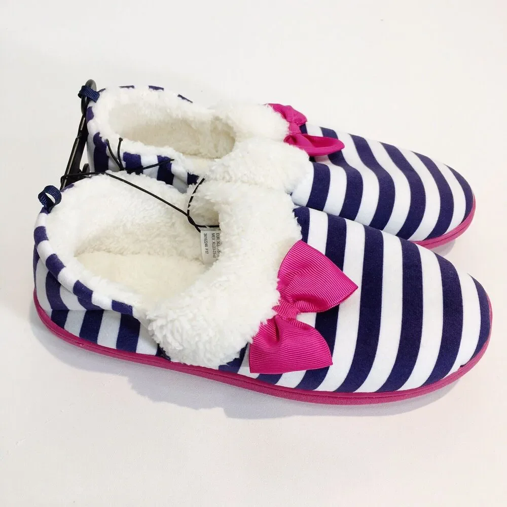 Girls Slippers NAVY BLUE WHITE STRIPED Pink Bow SHERPA LINED Rubber‎ Sole XL 4-5